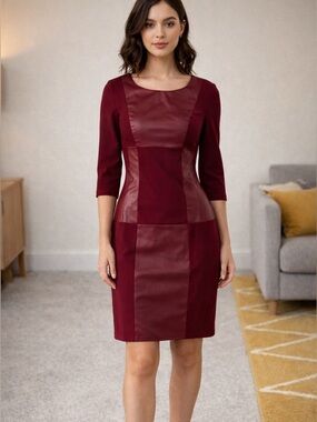 Faux Leather Panel Midi Dress in Burgundy